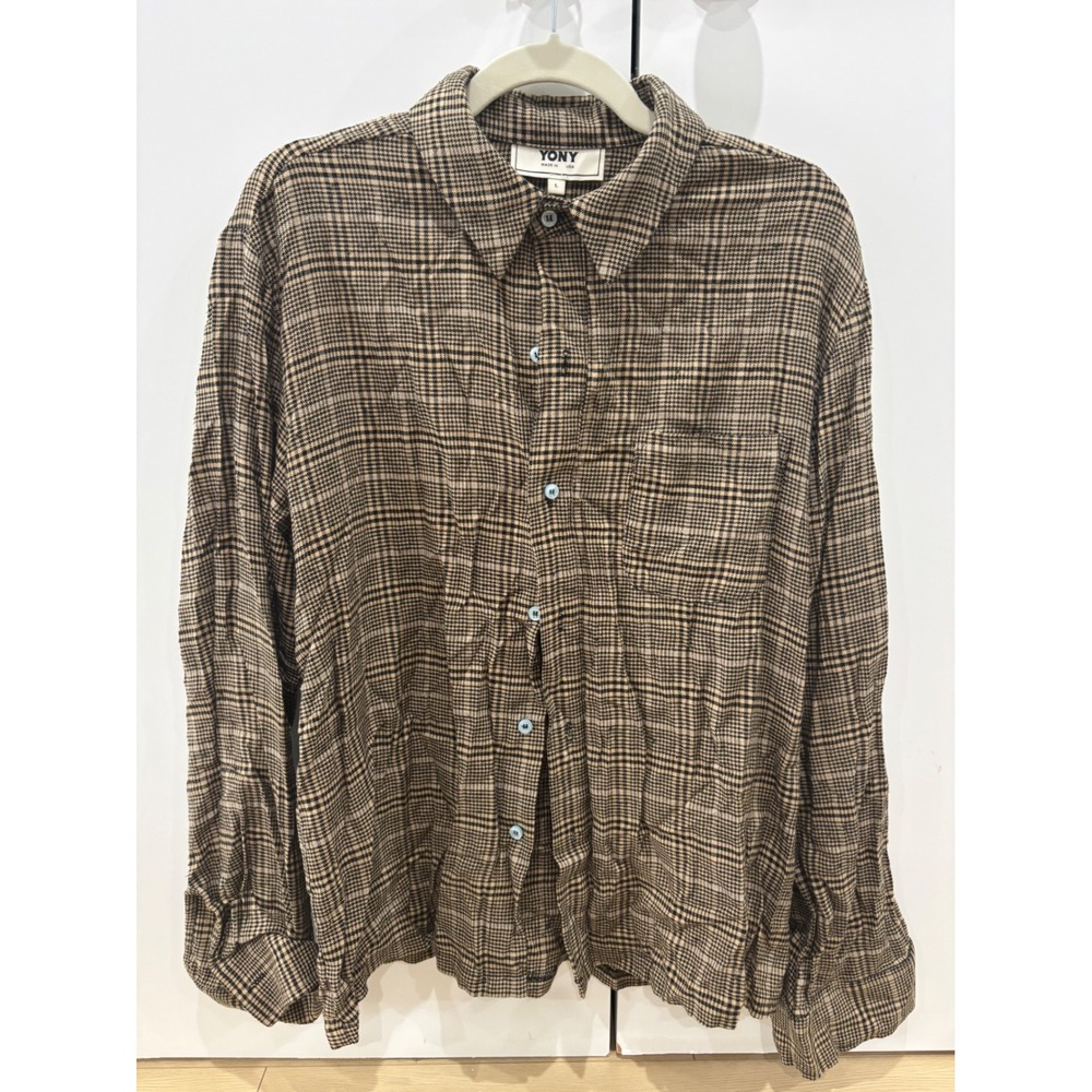 YONY Mens Glen Plaid Button Down Shirt Tan Black Made‎ in USA Size L